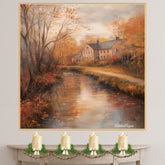 Autumnal Stream Running Through a Village – Rustic Fall Landscape Oil Painting Print on Ready to Hang 1.5" Thick Canvas Wrap, Floating Framed Canvas, Flat Rolled Canvas